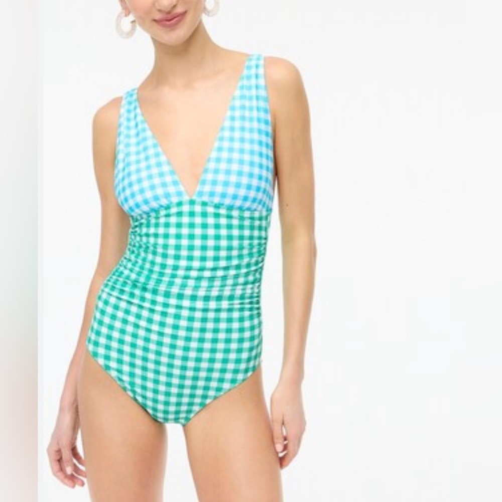 Gingham V-Neck One-Piece Swimsuit - Blue and Green